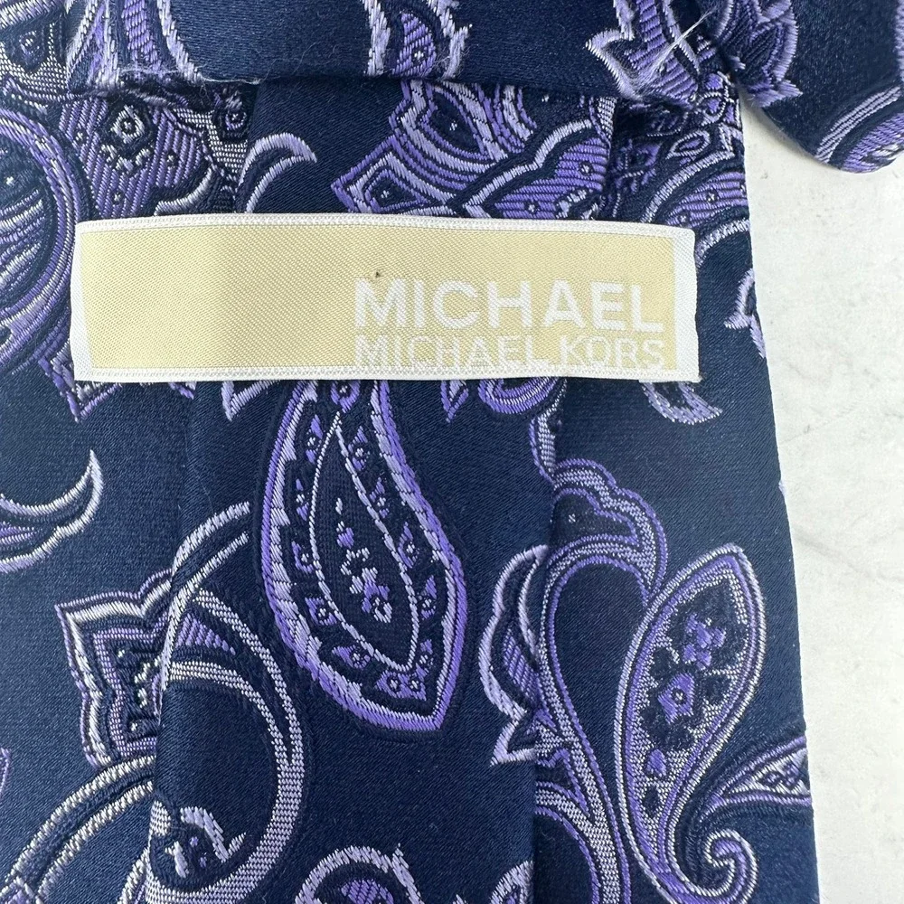 Michael Kors Necktie Men Purple Navy Paisley Silk Blend Woven Formal Tie